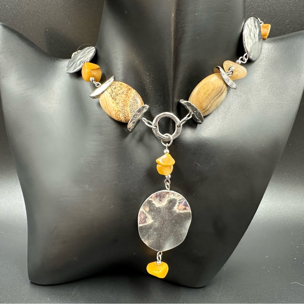 Natural Stone and Silver Tone Beaded Necklace 20 in w Extension